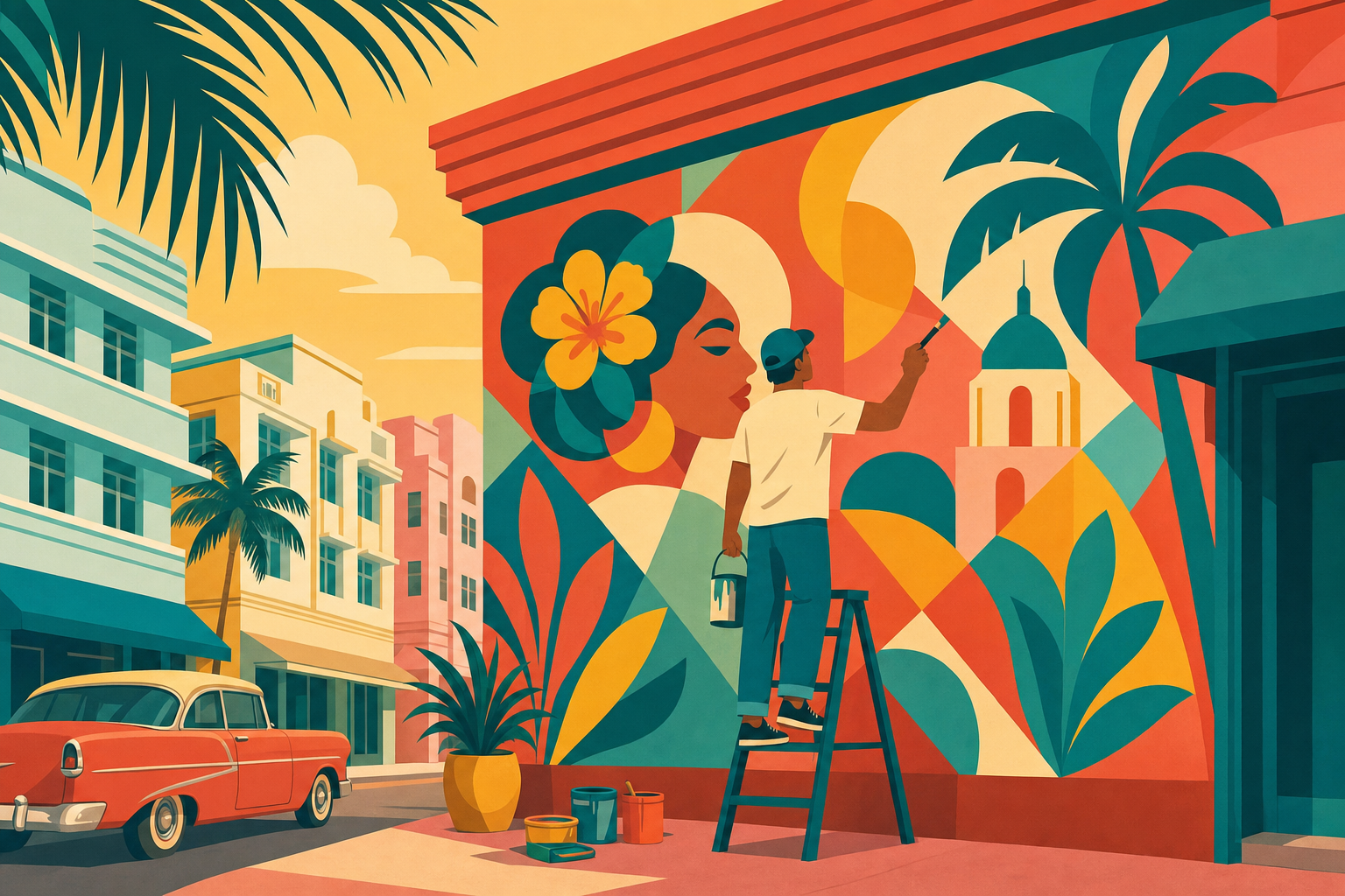 Artist painting a mural on Calle Ocho